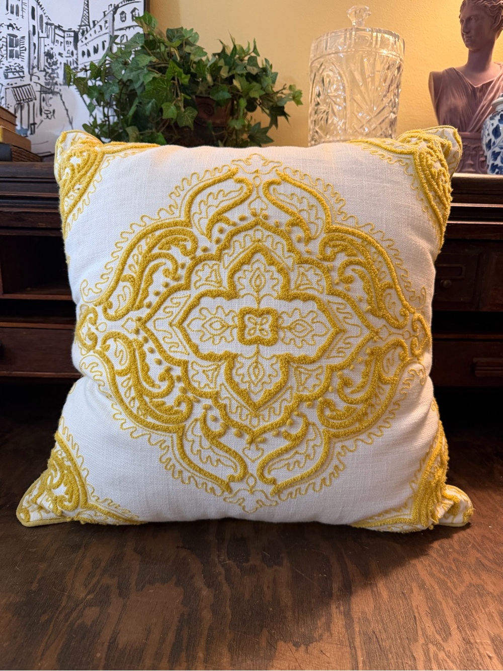 Mustard Yellow Ivory 20x20 Embroidered Medallion Throw Pillow Boho decor global